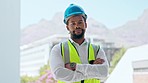 Black man, architect or engineer face for arms crossed for construction project, property and development. African contractor, architecture or portrait with pride in building industry in Cape Town