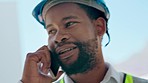 Black man, architect and face in phone call for construction, conversation or talking on city balcony. Happy African American male contractor speaking on mobile smartphone for architecture discussion