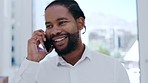 Business black man, phone call and talking in office for networking, communication and smile for news. African entrepreneur, smartphone and chat for opportunity, conversation and happy at workplace