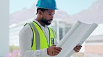 Black man, architect and blueprint in city for construction, planning, strategy or architectural layout. Hands of African American male contractor looking at floor plan for building project on site