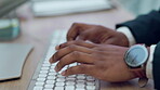 Businessman, hands and writing in schedule planning for reminder, task or diary book on office desk. Hand of employee man taking notes for project plan, deadline or record keeping at the workplace