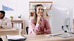 Face, call center and woman with telemarketing, customer service or advice in workplace. Portrait, female consultant or agent with headphones, technical support or help with loan, advice or happiness