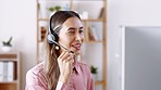 Business woman, call center and consulting with headphones on computer in customer service or support at office. Happy and friendly female consultant or agent talking with headset for online advice