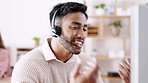 Businessman, call center and consulting with headphones on computer in customer service or support at office. Happy and friendly man consultant or agent talking on PC with headset for online advice