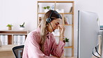 Tired business woman, call center and headache in stress, burnout or talking to difficult client in customer service at office. Exhausted and frustrated female consultant or agent annoyed on computer