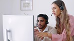 Business people, call center and coach training employee in customer service, telemarketing or support at office. Woman manager coaching man in team consulting or management on computer in contact us