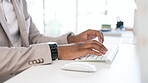 Black man, hands and typing business on computer keyboard for communication, email or proposal at office desk. Hand of African male employee working on desktop PC for networking or project schedule