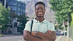 City street, smile and portrait of black man outside office with bag, happiness and confidence on sidewalk. Happy gen z businessman with pride, creative success and glasses for urban startup worker.