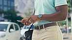 Closeup, travelling and black man with smartphone, typing and social media with connection, texting and chatting. Traveler, African American male outside and guy with cellphone, sms and mobile app