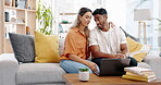 Couple, laptop and relax on sofa in living room, download media and decision for choice of movie together. Computer, man and talking to woman with technology, online streaming and web subscription