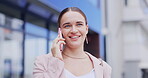 Phone call communication, outdoor and happy woman networking, chat or consulting with business contact. Discussion, 5g smartphone and city person, agent or female talking, speaking or in conversation