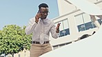 Car trouble, frustrated black man and phone call of a angry employee late for work from engine issue. Worry, yelling and mobile communication of a motor crisis with stress and anxiety from emergency