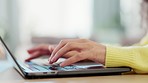 Typing, laptop and hands of business woman at desk writing email, working fast and type online proposal. Remote work, technology and female worker on computer for research, internet blog and project