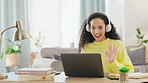 Video call, woman and wave in a living room with happiness and communication at home. Computer talk, headphones and happy young female with a smile from web discussion and pc conversation in a house