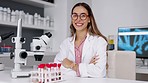 Scientist, woman face and blood sample in a laboratory for medical research with happiness. Vision, dna testing and lab project with a happy female pharma and hospital employee with microscope