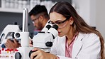 Science, discovery and scientist with microscope in lab working on experiment, test or analysis. Data, biotechnology and woman researcher analyzing or researching for project in a biology laboratory.