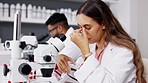 Stress headache, burnout and woman scientist in laboratory overtime, exhausted and research at microscope. Science, problem and tired lab technician taking glasses off, deadline anxiety for vaccine.