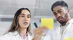 Scientist in laboratory, brainstorming and sticky note, glass board and science team, discussion on medical research. Teamwork, people in lab for scientific study and healthcare with collaboration