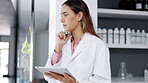 Scientist in laboratory, woman is thinking and planning, writing on glass board, medical research and tablet. Brainstorming, confused female and solution for science problem, typing and sticky note