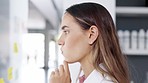 Thinking, scientist woman and employee profile in a office with corporate planning and project focus. Female, business and problem solving of a worker with idea and vision for career plan for work