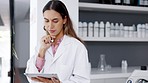 Scientist in laboratory, woman is thinking and brainstorming, writing on glass board, medical research and tablet. Planning, confused female and solution for science problem, typing and sticky note