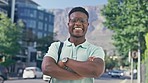 Business travel, black man and face of a happy employee by a city road outdoor. Freedom, urban and traveling male with a smile and happiness from a journey on summer holiday with a traveler bag