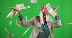 Horse mask, money and dancing on green screen in studio isolated on a background. Business woman, winner and celebration dance with raining cash after winning lottery, prize or competition in costume