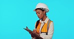 Construction worker, notes and a woman with paperwork for architecture isolated on a background. Safety, contractor and an architect writing ideas on building maintenance and renovation progress
