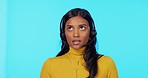 Call center, studio or woman frustrated in customer service consulting, conversation or explaining. Burnout, tired or stressed Indian sales agent talking or speaking on mic at tech support help desk