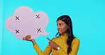 Shaking head, point or woman face with speech bubble for wrong studio opinion, disagreement or social media mockup. Tracking markers, sign or female portrait with bad voice mock up on blue background