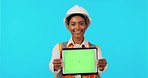 Happy woman, architect and tablet mockup on green screen with tracking markers against a blue studio background. Portrait of female engineer showing touchscreen display for marketing or advertising