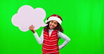 Christmas, green screen and child with mockup speech bubble for festive opinion, marketing or brand advertising. Social media, portrait info or chroma key kid with voice mock up on studio background