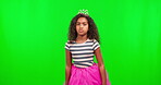 Magic, princess and green screen with child and wand in studio for attitude, imagination and playful. Dream, youth and fantasy with girl in costume on background for halloween, celebration and mockup