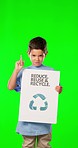 Green screen, poster and child with recycle sign for clean environment, sustainability and climate change, Volunteering mockup, conservation and portrait of boy with banner, board and icon in studio