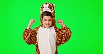 Face, green screen and boy flex, tiger costume and happiness against studio background. Portrait, male child and kid with smile, confident and motivation with joy, fun and cheerful with animal outfit