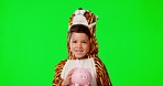 Piggy bank, face and child in a studio with green screen for savings, investing or finance. Happy, animal costume and boy kid model with a cosplay outfit and money box by a chroma key background.