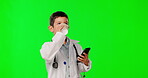 Coffee, phone and doctor with child on green screen for medical, text message and communication. Comic, technology and healthcare with young boy in studio background for internet, contact and expert