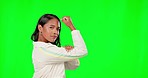 Power, green screen and woman flexing arm with female empowerment, motivation and mockup space in studio. Muscle flex, strength and portrait of strong girl with pride, gender equality and happiness.
