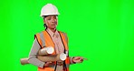 Architect woman, pointing and phone with green screen for mockup, logo and brand by studio backdrop. Female engineer, architecture and service promo in portrait for small business owner with advice