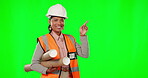 Architecture, woman pointing and green screen for construction worker mockup, advertising and presentation. Planning, development and face of engineering person with happy industry design in studio