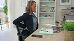 Asian woman, business and back pain in planning, discomfort or problems sitting at office desk. Tired female employee suffering from bad posture, injury or sore spine and muscle ache at the workplace