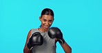 Woman boxer, sport and studio background with smile, face or training for wellness, fitness or strong body. Girl, sports and boxing with speed, focus and portrait for exercise, workout and happiness