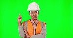Face, woman and engineer pointing up, green screen and architecture on a studio background. Portrait, female architect and employee with gesture for choice, direction and decision for target or goals