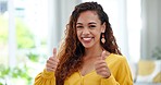 Happy woman, face and thumbs up with smile for winning, good job or success in living room at home. Portrait of excited female smiling and showing hands or thumb emoji, yes sign or like for agreement