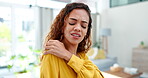 Shoulder pain, injury and face of woman with home accident, muscle strain or medical healthcare emergency. Anatomy crisis, hurt joint and person massage bone, inflammation problem or body tendinitis