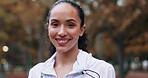 Park fitness, health and face of happy woman ready for cardio exercise running, marathon training or active lifestyle. Nature freedom, calm peace and portrait of runner on outdoor performance workout