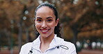 Park workout, health or face of happy woman ready for cardio exercise running, marathon training or active lifestyle. Nature freedom, peace or sport portrait of athlete on outdoor fitness performance