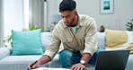 Debt, stress and man with documents and laptop on a sofa for budget, savings and anxiety from financial crisis. Paper, bills and frustrated indian guy checking invoice, payment and  balance in lounge