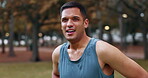 Park workout, health and man tired after cardio exercise running, nature marathon training or runner lifestyle. Freedom peace, fatigue and face of athlete sweating on outdoor fitness performance