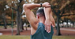 Park fitness, health and man stretching for cardio exercise running, marathon training or active nature sports. Freedom peace, body warm up and back of athlete runner on outdoor performance workout